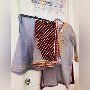 Gray and Maroon Embroidered Traditional Outfit 3 pc